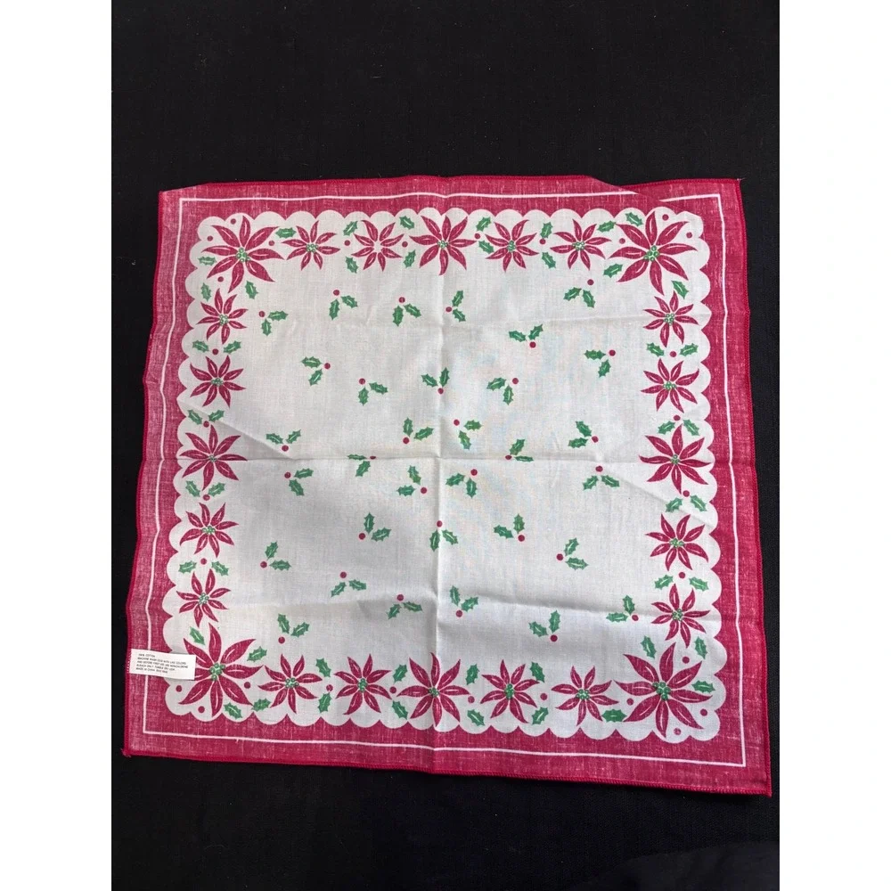Vintage Christmas Poinsettia Holly Cotton Square Napkin Bandana Red White‎ 17x17